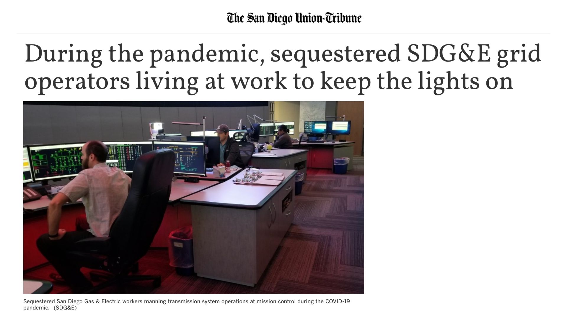 Hard Work of Sequestered SDG&E Employees Featured by San Diego Union Tribune